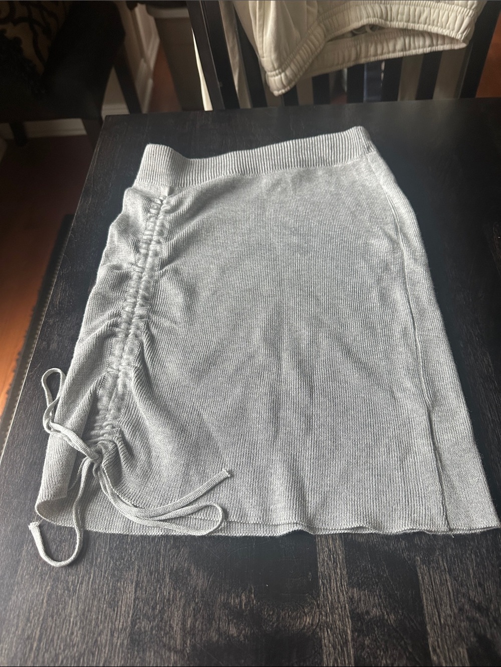 Beginning Boutique Light Gray Ribbed Knit Mini Skirt with Side Drawstring